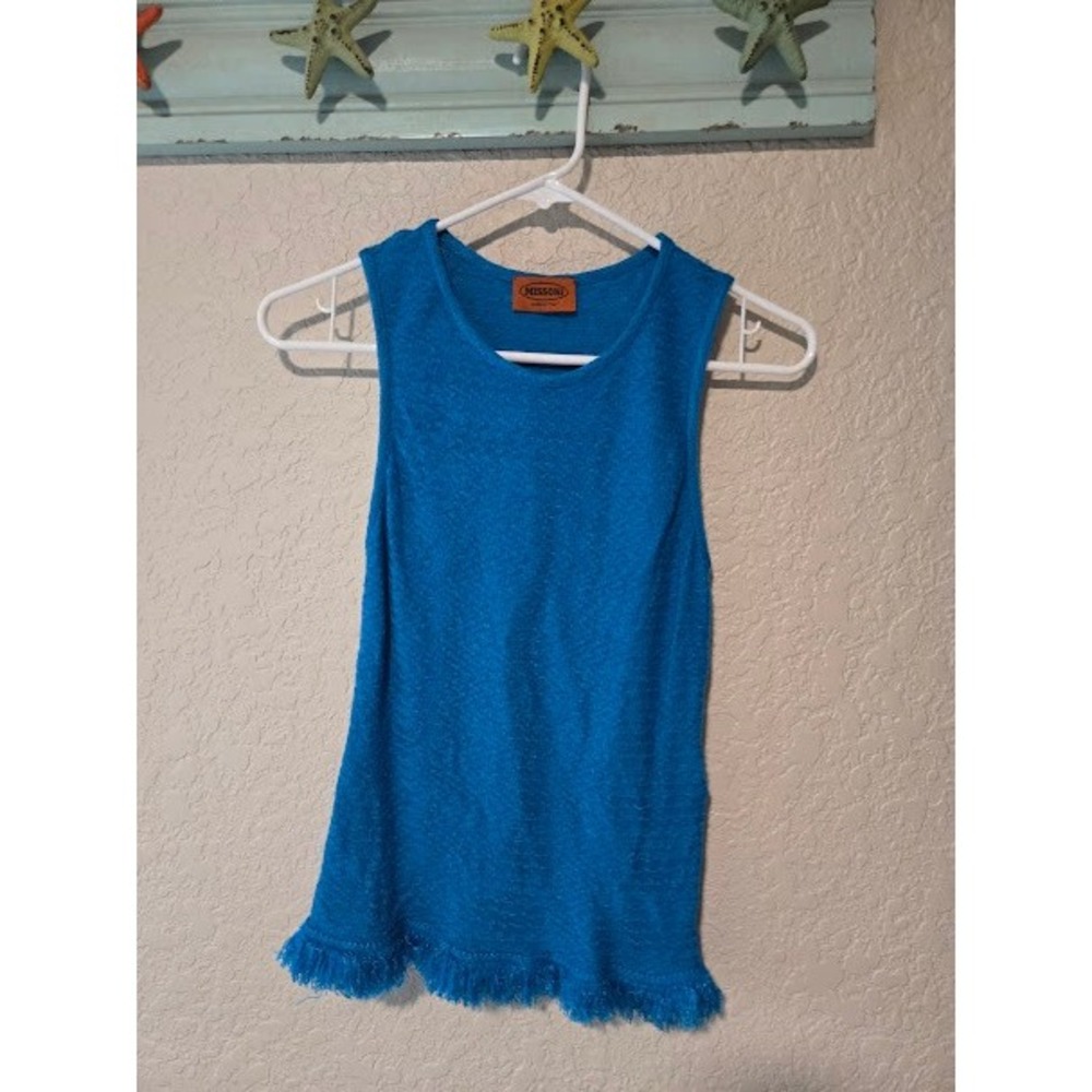 Missoni ZigZag knit Royal Blue Fringe Hem Sleeveless Top Italian Sz EU 40